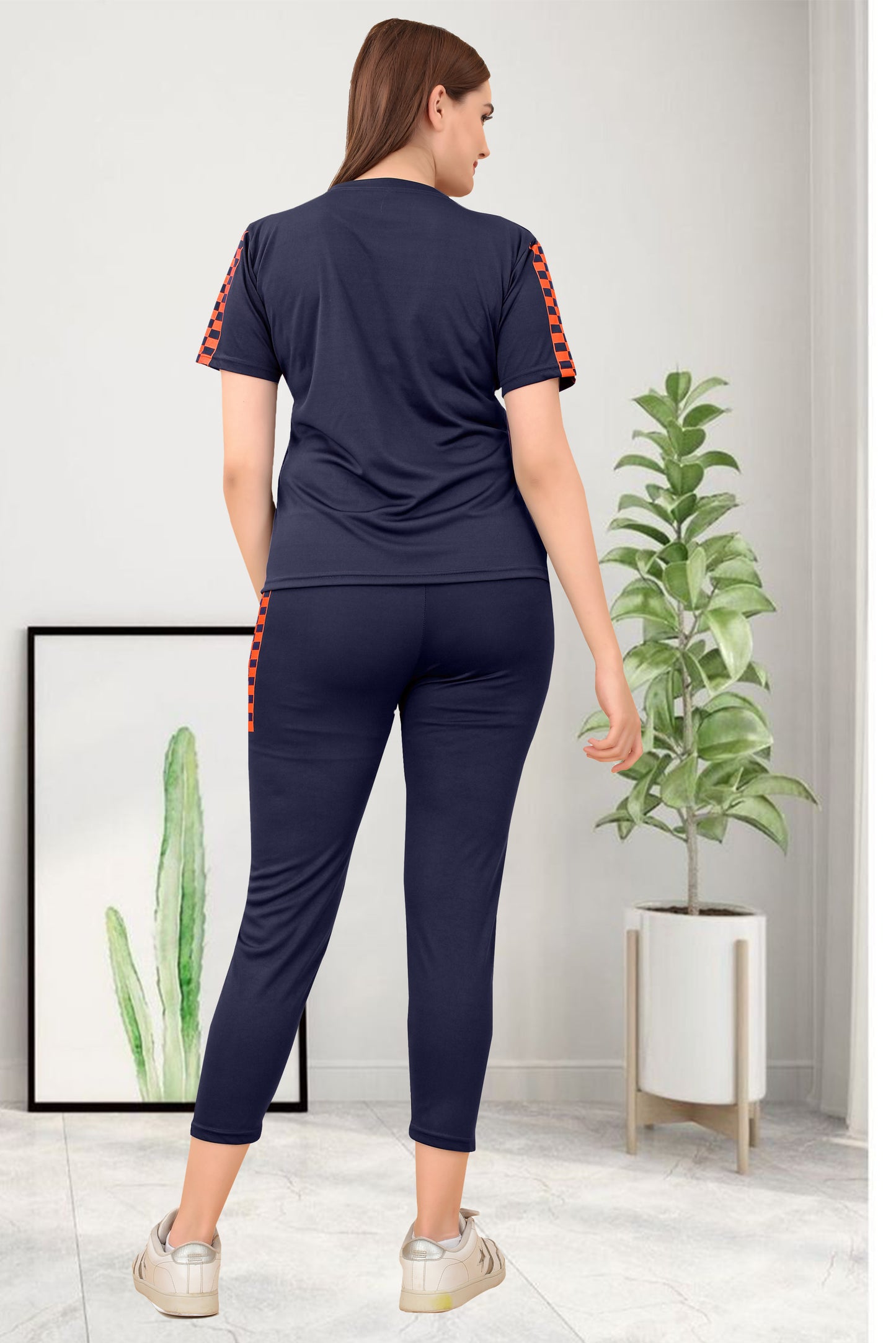 TS Half Checks Navy Blue Tracksuit for Women | Chic & Trendy Activewear with a Stylish Checkered Design