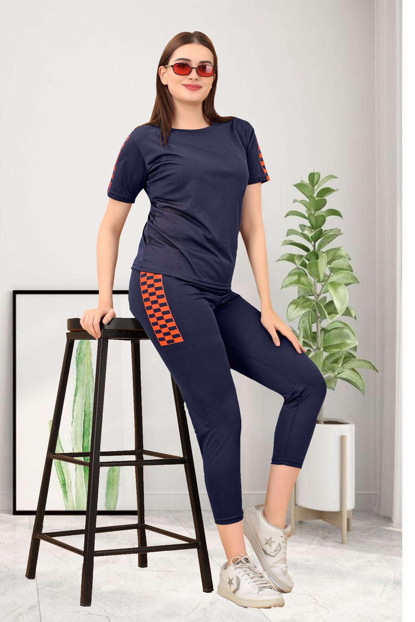 TS Half Checks Navy Blue Tracksuit for Women | Chic & Trendy Activewear with a Stylish Checkered Design