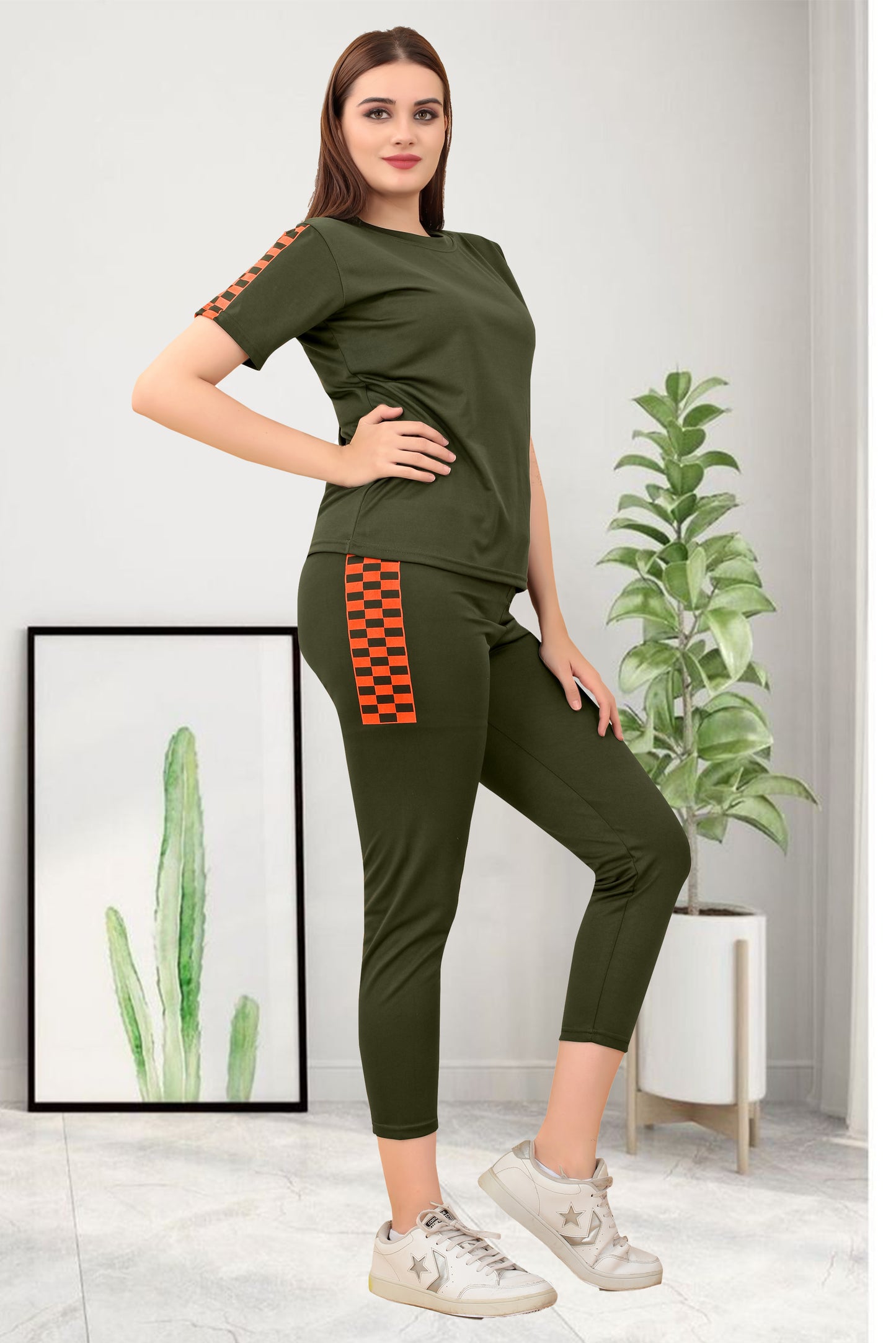 TS Half Checks Mehendi Tracksuit for Women | Elegant & Stylish Activewear with a Modern Checkered Pattern