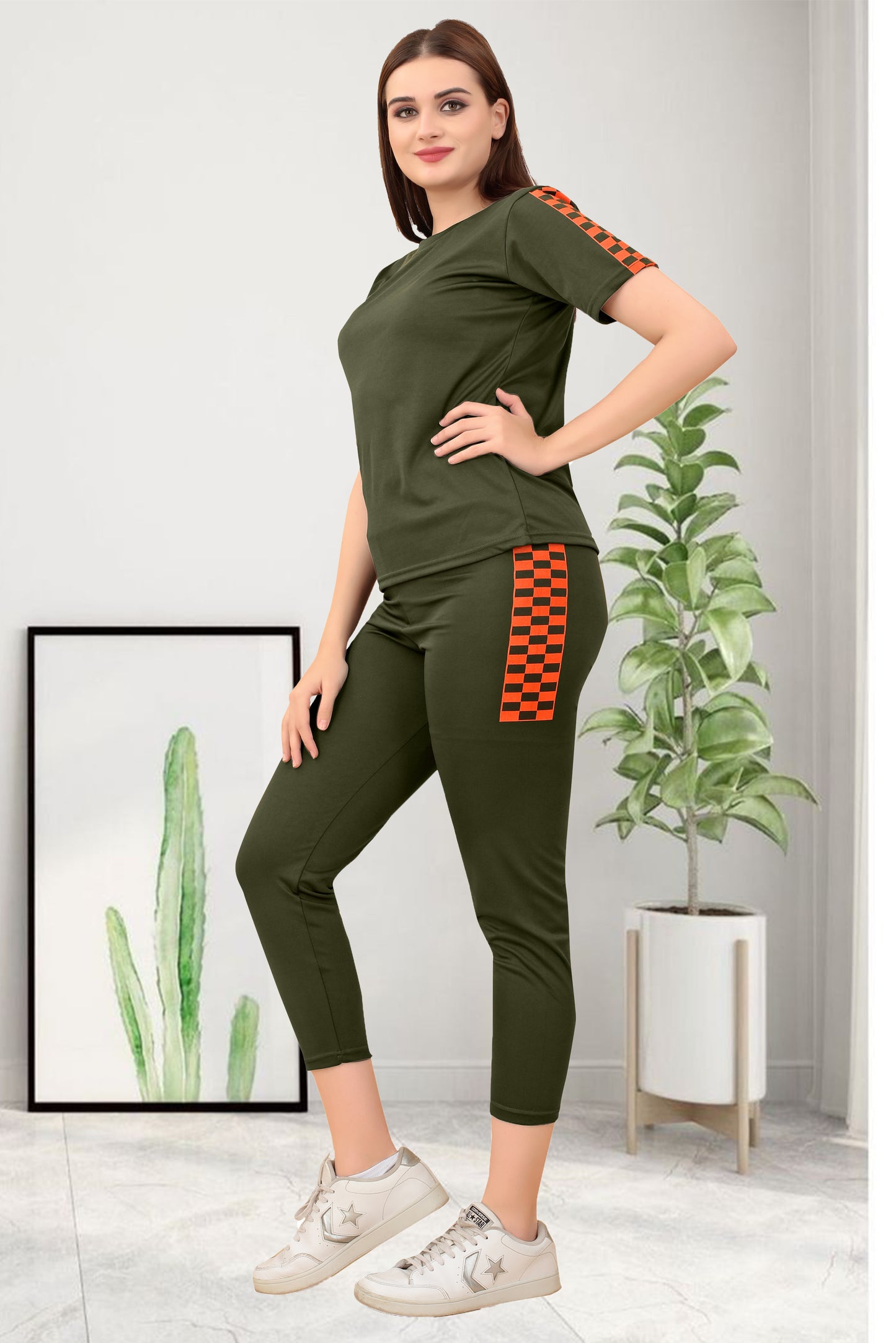 TS Half Checks Mehendi Tracksuit for Women | Elegant & Stylish Activewear with a Modern Checkered Pattern