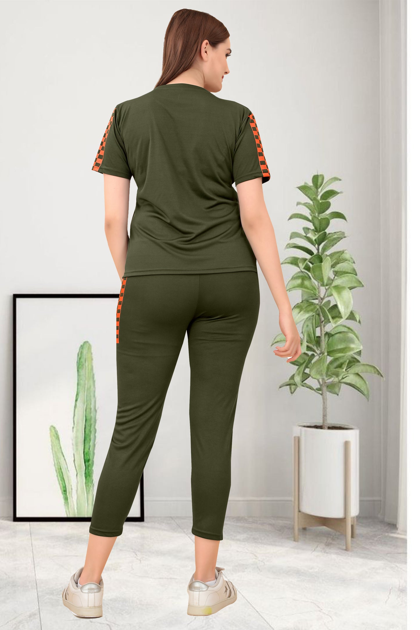 TS Half Checks Mehendi Tracksuit for Women | Elegant & Stylish Activewear with a Modern Checkered Pattern